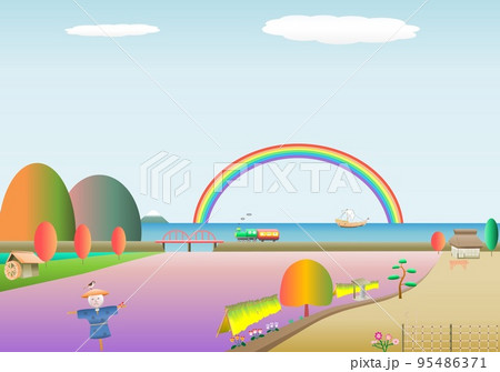 虹秋田舎風景田んぼ海けさがけ機関車 95486371