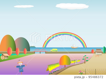 虹秋田舎風景田んぼ海けさがけバス 虹秋田舎風景田んぼ海けさがけバス 95486372