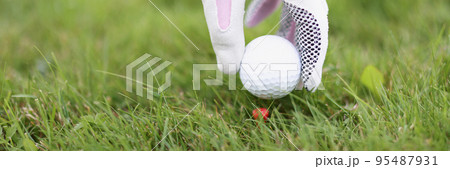 Professional golf player put ball on holder on green play field Professional golf player put ball on holder on green play field 95487931