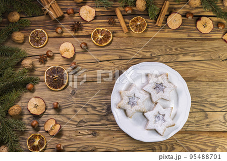 still life of Christmas linzer cookies 95488701