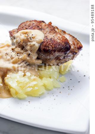 grilled meat with mashed potatoes with onion sauce grilled meat with mashed potatoes with onion sauce 95489188