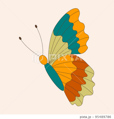 Retro 60s 70s hippie groovy butterfly for cards, stickers or poster design. Flat vector illustration 95489786