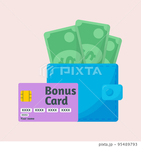 Money wallet with dollars and credit or debit plastic card. Cash back service. Save savings. Money wallet with dollars and credit or debit plastic card. Cash back service. Save savings. 95489793