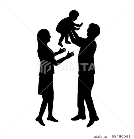 子供とふれあう夫婦のシルエット 95490041