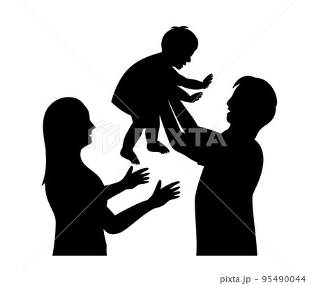 子供とふれあう夫婦のシルエット 95490044