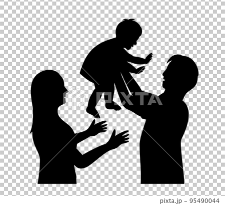 子供とふれあう夫婦のシルエット 95490044