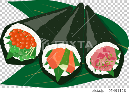 手捲壽司三文魚子三文魚蔥托羅配竹草 95491128