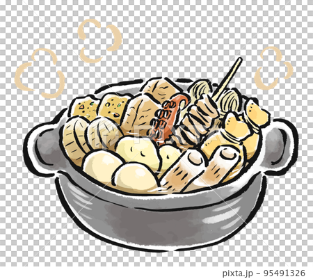 鍋で煮込んだおでん　筆タッチイラスト 95491326