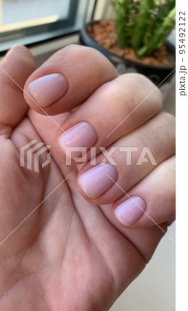Short nails with colored nail polish on woman's hand. Stuio Photo Short nails with colored nail polish on woman's hand. Stuio Photo 95492122