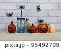 Thanksgiving, Halloween holiday poster design. Spiders on the wall. 95492709