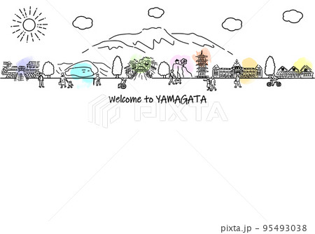 手書きの山形県の街並みと人々のシンプル線画 手書きの山形県の街並みと人々のシンプル線画 95493038