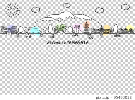 手書きの山形県の街並みと人々のシンプル線画 手書きの山形県の街並みと人々のシンプル線画 95493038