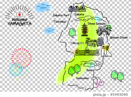 山形県の観光地のシンプル線画イラストマップ 95493040