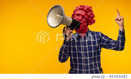 Abstract modern collage. The man with the plaster head of David with a megaphone on yellow background Abstract modern collage. The man with the plaster head of David with a megaphone on yellow background 95493482