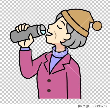 Elderly woman drinking water from a water bottle 95493757