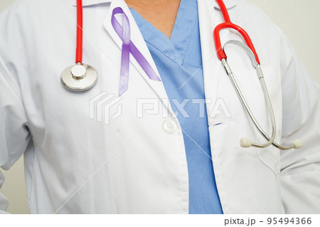 Asian woman doctor with purple ribbon, World Pancreatic Cancer day or World Alzheimer day. Asian woman doctor with purple ribbon, World Pancreatic Cancer day or World Alzheimer day. 95494366