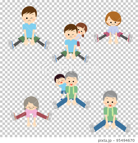 一組做伸展運動的家庭 一組做伸展運動的家庭 95494670