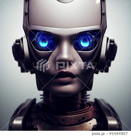 Robot face with glowing eyes. Futuristic android head. Modern robot portrait. 3D Digital illustration. 95494907