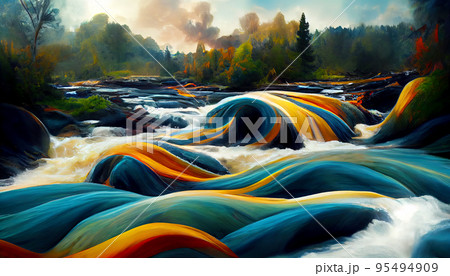 Colored river stream in the forest. Abstract multicolor river flows. Digital illustration. Colored river stream in the forest. Abstract multicolor river flows. Digital illustration. 95494909