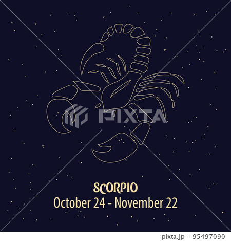 Horoscope, zodiac sign Scorpio, golden design on a blue starry background. Illustration, vector Horoscope, zodiac sign Scorpio, golden design on a blue starry background. Illustration, vector 95497090