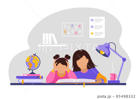 Mother or teacher helps girl to do homework. 95498332