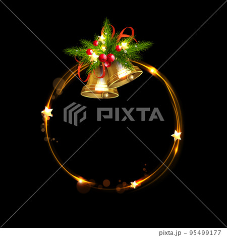 Isolated wreath with golden bells, red berries and shiny stars Isolated wreath with golden bells, red berries and shiny stars 95499177