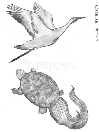 縁起物の鶴と亀 墨絵イラスト 縁起物の鶴と亀 墨絵イラスト 95499378