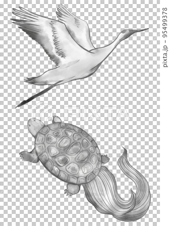 縁起物の鶴と亀 墨絵イラスト 縁起物の鶴と亀 墨絵イラスト 95499378