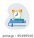 Yellow alarm clock, books, warnings on a white background. 95499540