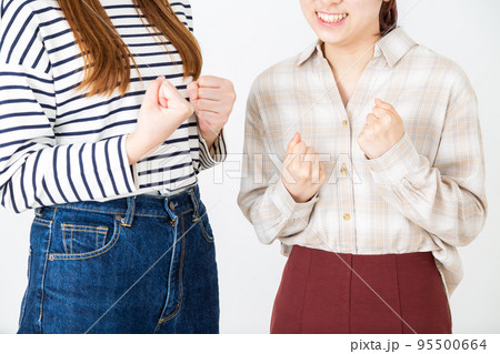 ガッツポーズをして喜ぶカジュアルな服装の若い女性 ガッツポーズをして喜ぶカジュアルな服装の若い女性 95500664