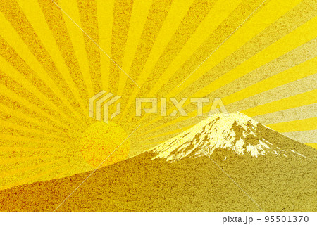 金色の富士山と後光が輝く日の出_年賀状素材_正月_新年_和風背景_金屏風_キラキラ 95501370