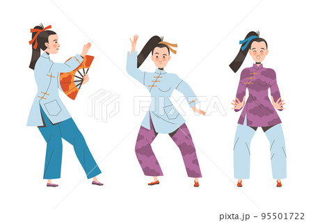 Young Woman Character in Kimono with Fan Practicing Tai Chi and Qigong Exercise Vector Set 95501722