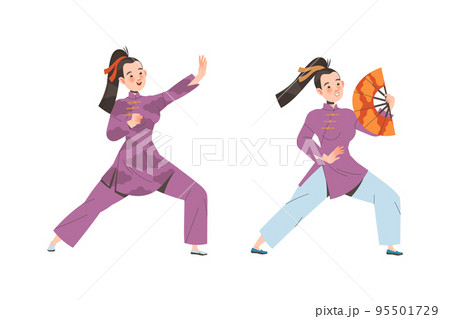 Young Woman Character in Kimono with Fan Practicing Tai Chi and Qigong Exercise Vector Set 95501729