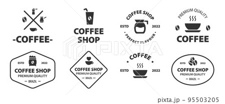 Coffee logo, cafe stamp, hot beverage label. Circle cup, barista mug shop, vintage seal emblem, retro cafeteria. express takeaway drink. Logotype template. Vector design illustration Coffee logo, cafe stamp, hot beverage label. Circle cup, barista mug shop, vintage seal emblem, retro cafeteria. express takeaway drink. Logotype template. Vector design illustration 95503205