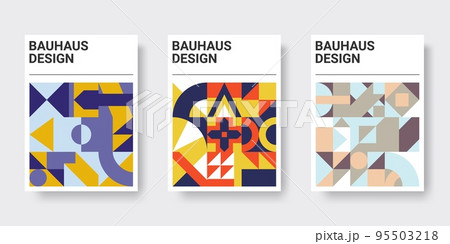 Geometric triangle pattern, abstract colorful circles and squares. Bauhaus line shapes, modern retro posters collection. Contemporary mosaic, art collage. Vector graphic, simple background 95503218