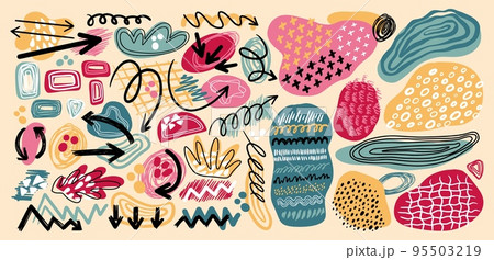 Doodle arrows, abstract pencil lines. Spiral curve brush, twist hand texture, grunge sketch. Trendy color art creative child drawing. Pointers and lines. Scribble style vector modern icons 95503219