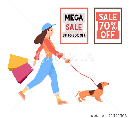 Young fashion shopper girl is walking with the dog. Sale announcement and fifty percent discounts 95503568