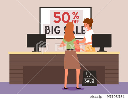 Girl pays for the purchase at the checkout. Woman buys clothes in a store. Cashier serves the client 95503581