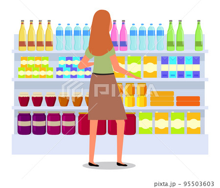 The girl next to the drinks counter is choosing goods. The woman in the store is buying liquid 95503603