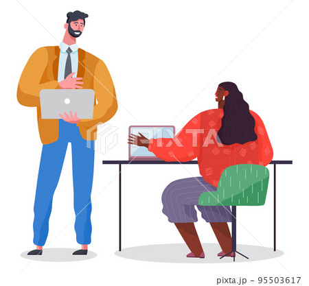 Business partners in the office, woman and man use laptops. Collaboration, business meeting 95503617