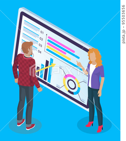 Business partners communicate near large tablet screen with analytical data, charts. Data summary 95503656