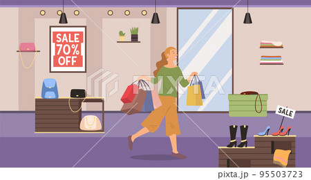 Young girl picks up packages with clothes. Shopper in boutique during seventy percent discount Young girl picks up packages with clothes. Shopper in boutique during seventy percent discount 95503723