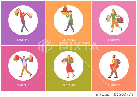 Set of color illustrations on the theme of shopping. Men and women with shopping bags in their hands Set of color illustrations on the theme of shopping. Men and women with shopping bags in their hands 95503775