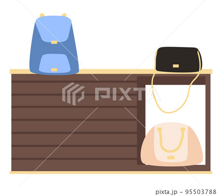 A counter with pouch and backpack. Selling different things. Sale in the store. Shopping exhibition 95503788