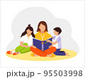 Woman, mother reads a book to children.   95503998