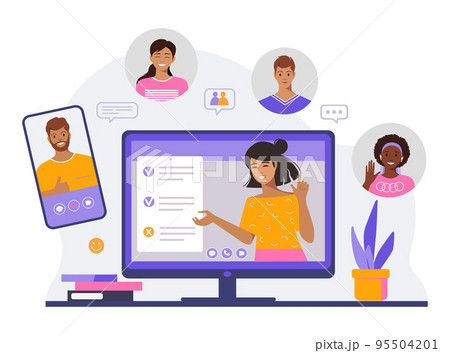Video conference, group video chat. Business team faces, video meeting online Video conference, group video chat. Business team faces, video meeting online 95504201