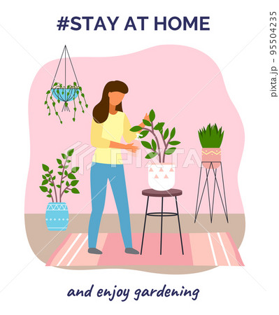 Stay at home and enjoy gardening, woman caring for plants, decorative garden, ecological hobby 95504235