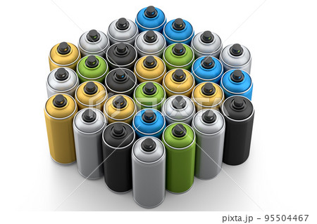Set of spray paint cans in row on white background. Spray bottle and dispenser Set of spray paint cans in row on white background. Spray bottle and dispenser 95504467