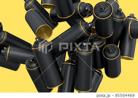 Lots of flying spray paint cans on yellow background. Spray bottle and dispenser 95504469