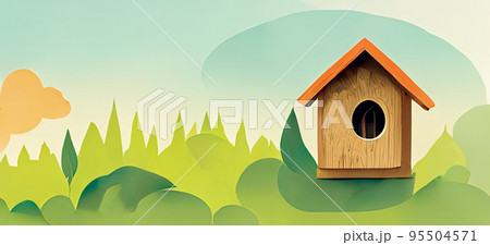House for birds on the background of an abstract landscape of nature. 95504571